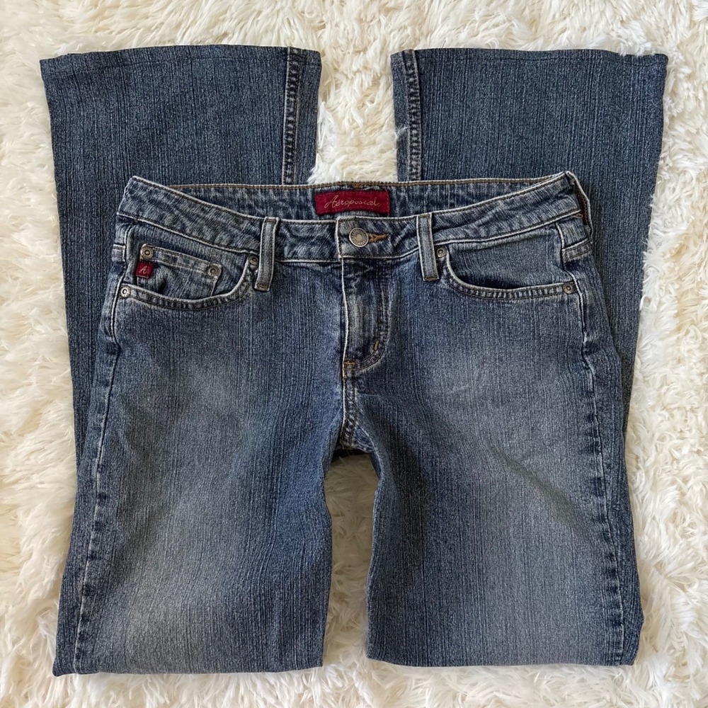 Aeropostale Womens Low Rise Flare Jeans Medium Wash Pink Stitching Size 7/8 Reg
